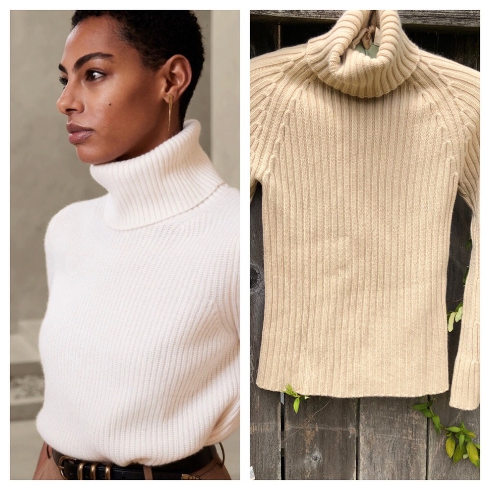 Banana Republic 100% Cashmere Ribbed Thick Knit Turtleneck Beige Sweater XS